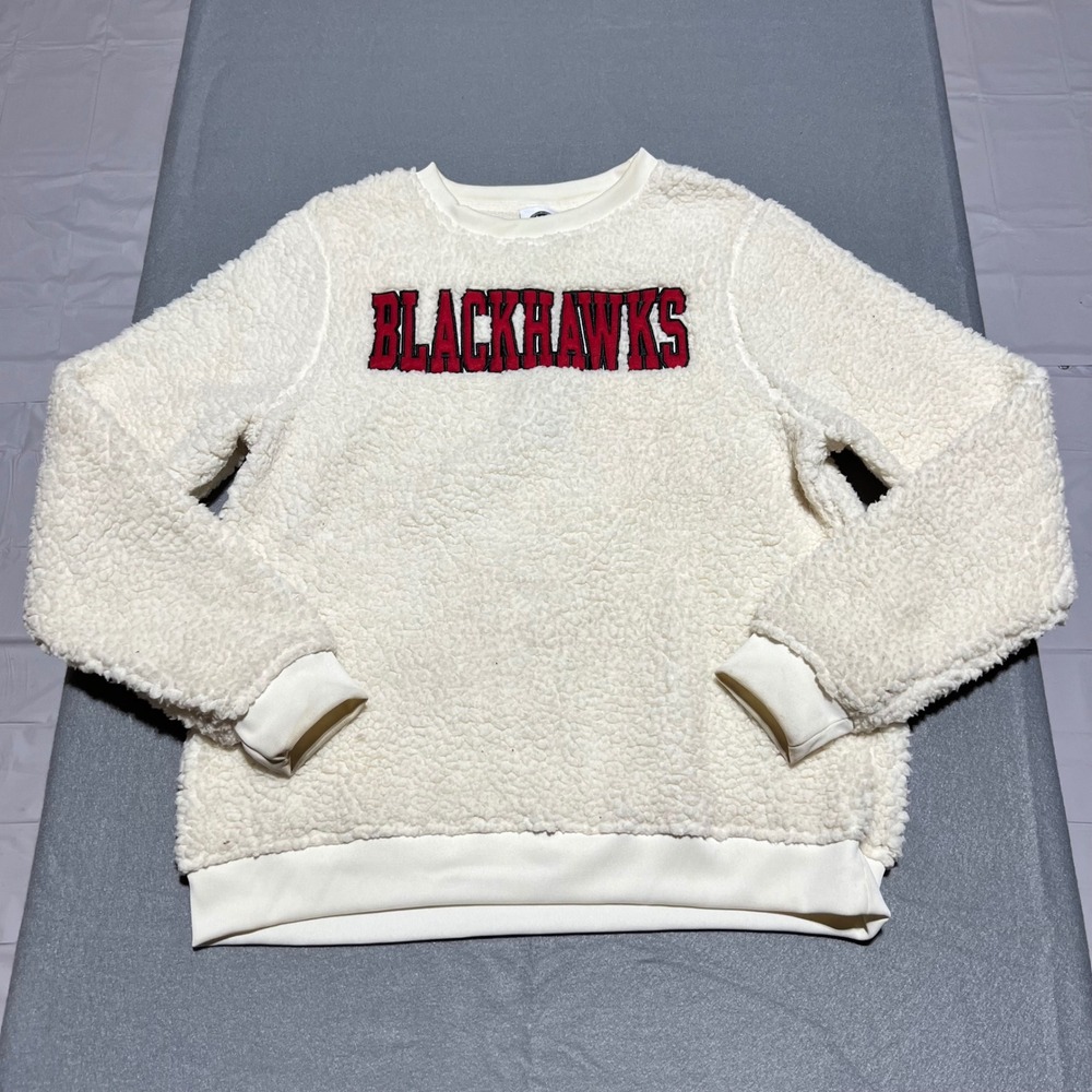 NHL Chicago Blackhawks Sherpa Fleece Sweatshirt Cream Youth Large 12/14 Logo